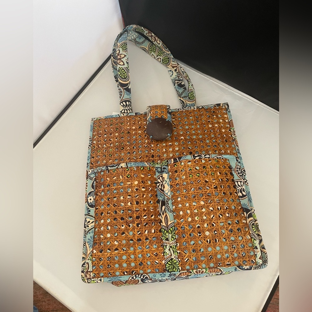 Vera Bradley Tiki Tote Bag Purse Wicker Rattan Straw Overlay Beach Bag Tote